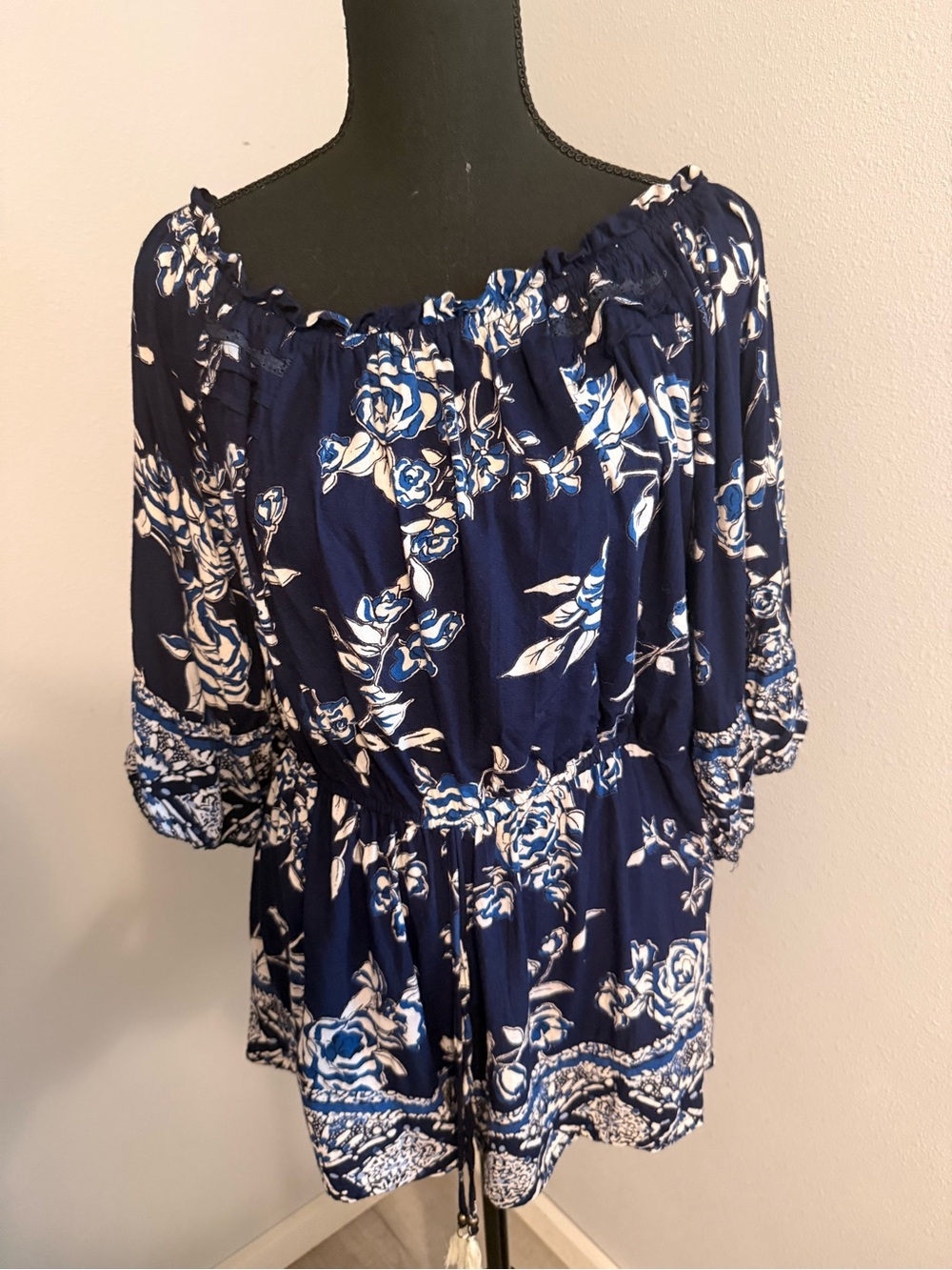 Angie Navy Blue and White Floral Off-Shoulder Tunic
